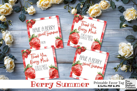 Strawberry Fruit Berry Printable Favor Tag Label - End School Year Summer Digital Pattern Fine Purple Elephant Creations 