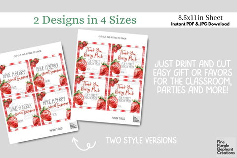 Strawberry Fruit Berry Printable Favor Tag Label - End School Year Summer Digital Pattern Fine Purple Elephant Creations 
