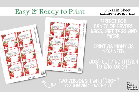 Strawberry Fruit Berry Printable Favor Tag Label - End School Year Summer Digital Pattern Fine Purple Elephant Creations 