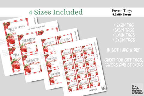 Strawberry Fruit Berry Printable Favor Tag Label - End School Year Summer Digital Pattern Fine Purple Elephant Creations 