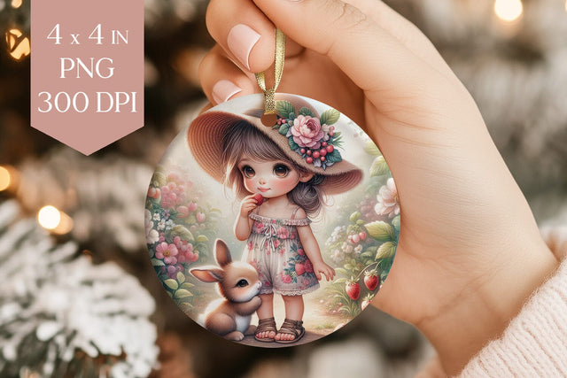 Strawberry Girl and Bunny Ornament PNG Sublimation BijouBay 