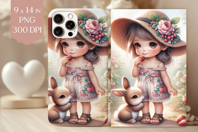 Strawberry Girl with Bunny Phone Case PNG Sublimation BijouBay 