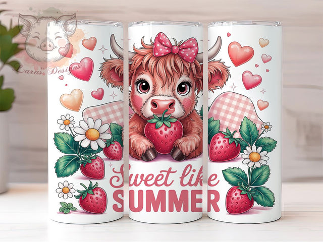 Strawberry Highland Cow Cute 20oz Tumbler, Sweet Like Summer, Cartoon Cow, Reddish Brown Fur, Cute Farm Animal, 20oz Tumbler Wrap, Sublimation PNG Sublimation Lara' s Designs 
