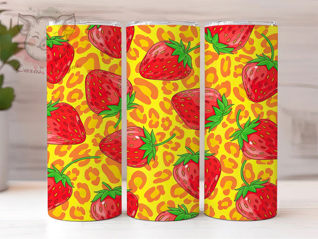 Strawberry Leopard Print Tumbler, Fruit Animal Print, Strawberry Pattern Design, 20Oz Sublimation Wrap, Cute Wild Berry Art, Leopard Strawberry Texture, Tumbler Sublimation Sublimation Lara' s Designs 