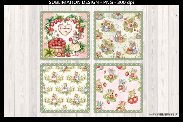 Strawberry Mouse Coaster Set Sublimation Design, 4 Png Files, Cozy Home Decor, Digital Download Sublimation Keepsake Treasures Designs LLC. 