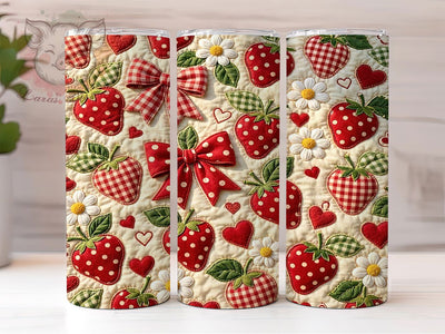 Strawberry Patchwork Bow 20oz Tumbler, Strawberry Motif, Patchwork Pattern, Bow Accent, Whimsical Style, Playful Charm, Skinny Tumbler, Sublimation PNG Sublimation Lara' s Designs 