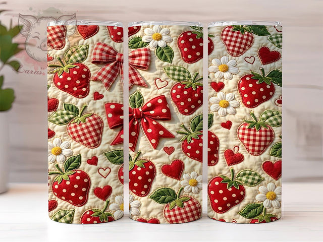 Strawberry Patchwork Bow 20oz Tumbler, Strawberry Motif, Patchwork Pattern, Bow Accent, Whimsical Style, Playful Charm, Skinny Tumbler, Sublimation PNG Sublimation Lara' s Designs 