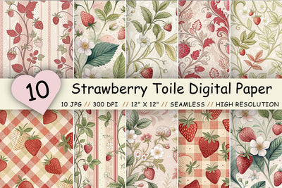 Strawberry Toile Digital Paper Pack, Vintage Floral Toile, Gingham & Stripe Seamless Patterns, Wedding, Scrapbooking & Printable Crafts Digital Pattern FloridPrintables 