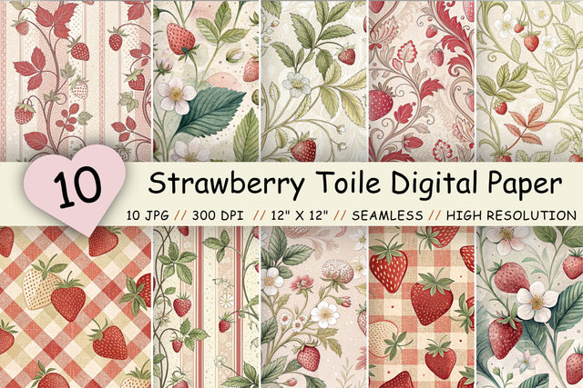 Strawberry Toile Digital Paper Pack, Vintage Floral Toile, Gingham & Stripe Seamless Patterns, Wedding, Scrapbooking & Printable Crafts Digital Pattern FloridPrintables 