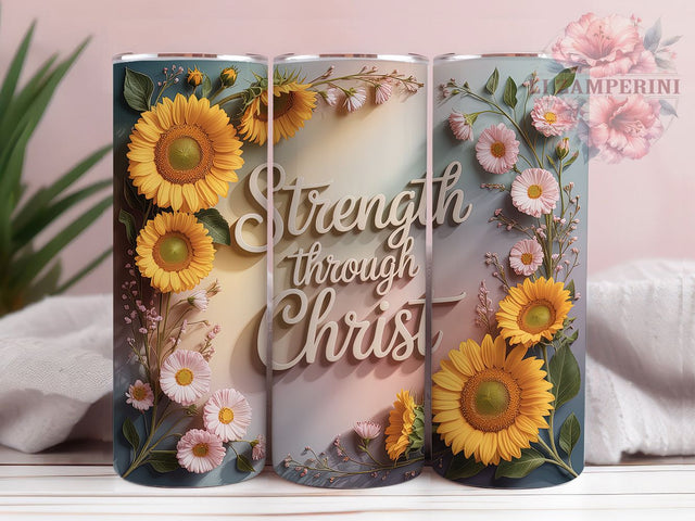 Strength Through Christ 20oz Tumbler, Watercolor Sunflower, Christian Theme, Faith Quote, 20oz Wrap, Sublimation Design, PNG File Sublimation Li Zamperini 