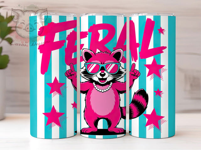 Striped Raccoon Funny 20oz Tumbler Wrap, Raccoon Graphic, Pink Sunglasses, Feral Quote, Funny Animal, 20oz Tumbler Wrap, Sublimation PNG Sublimation Lara' s Designs 