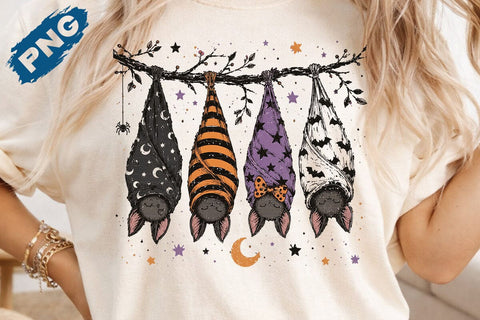 Striped Spooky Season Bats Halloween PNG, Faux Oil Painted, Cute Fall Png, Popular Halloween Shirt Design SVG DesignDestine 