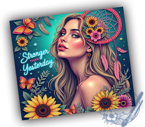 Stronger Than Yesterday, Inspirational Quote, Tumbler Wrap, 20oz Tumbler, Resilience, Digital Download, Floral Design Sublimation ToriDesigns 