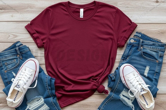 Stylish burgundy t-shirt with casual outfit Mock Up Photo Regulrcrative 
