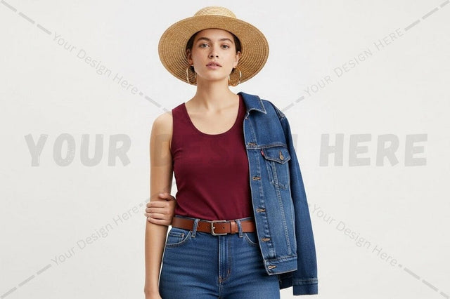 Stylish casual outfit with t-shirt and denim jacket Mock Up Photo Regulrcrative 