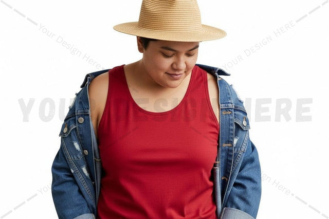 Stylish red tank top with denim jacket and straw hat Mock Up Photo Regulrcrative 