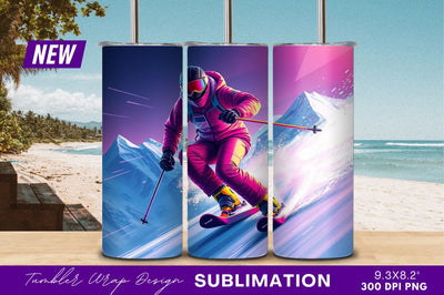 Stylish Skier Tumbler Png On Snowy Mountain Sublimation Regulrcrative 