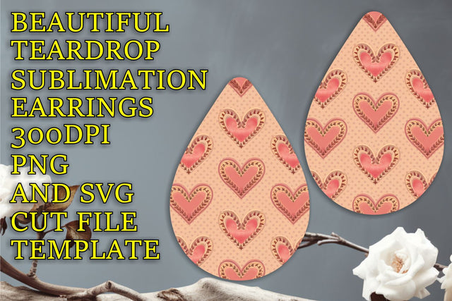 Stylish teardrop earrings design, easy-to-edit PNG, Heart Sublimation HoodArtCraft 