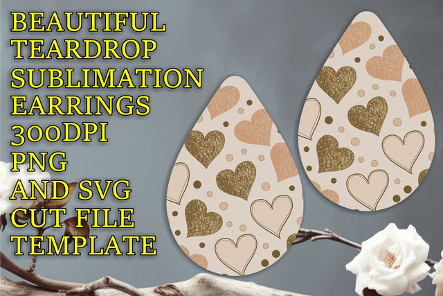 Stylish teardrop earrings sublimation template, quality PNG, Heart Sublimation HoodArtCraft 
