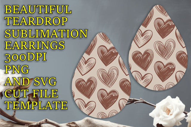 Stylish teardrop earrings template, vibrant and customizable, Heart Sublimation HoodArtCraft 