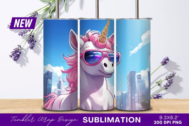 Stylish Unicorn With Sunglasses In Cityscape Tumbler Png Sublimation Regulrcrative 