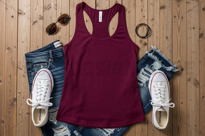Stylish women's burgundy racerback tank top outfit Mock Up Photo Regulrcrative 