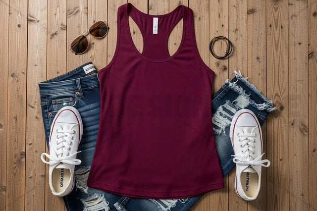 Stylish women's burgundy racerback tank top outfit Mock Up Photo Regulrcrative 