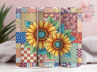 Stylized Sunflower Art 20oz Tumbler, Yellow Petals, Teal Centers, Brown Centers, Green Leaves, Skinny Tumbler, Sublimation PNG Sublimation Li Zamperini 