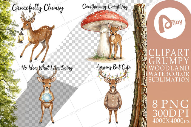Sublimation Anxious Fawn Forest Hygge Watercolor Sublimation artnoy 