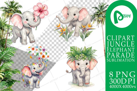 Sublimation Baby Elephant Floral Parade Watercolor Sublimation artnoy 