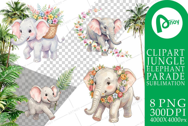 Sublimation Baby Elephant Floral Parade Watercolor Sublimation artnoy 
