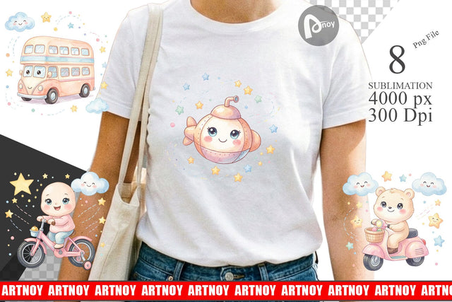 Sublimation Cheerful Nursery Vehicle Watercolor Sublimation artnoy 