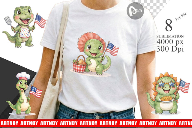 Sublimation Chubby BBQ Dino Patriotic Watercolor Sublimation artnoy 