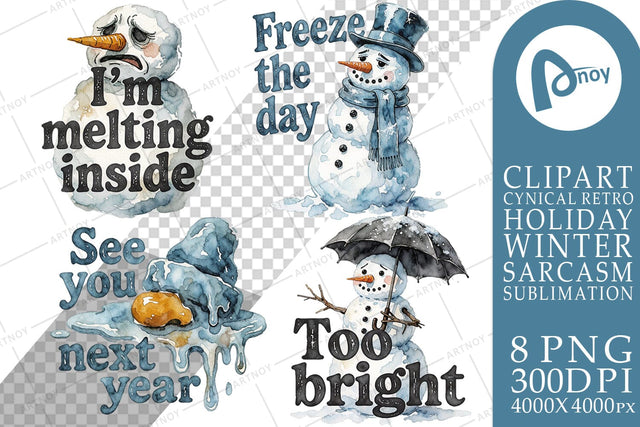 Sublimation Cynical Retro Melting Snowmen Art Watercolor SVG artnoy 