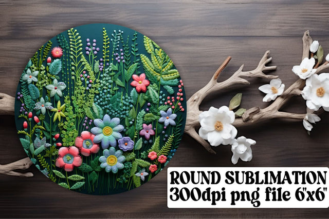 Sublimation Designs with 3D Embroidered Flowers - Round Ornaments, Circle, Keychain, Car Coaster Sketch DESIGN afrosvg 