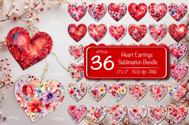 Sublimation earring bundle Heart earrings Heart shape Flower earrings Valentine earrings sublimation Watercolor clipart Sublimation Createya Design 