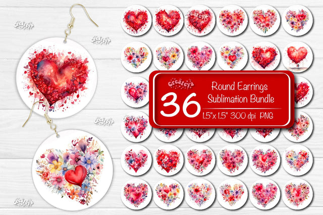 Sublimation earring bundle Round earring Flower Sublimation design Valentine Hearts Watercolor png Sublimation Createya Design 