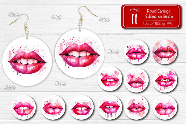Sublimation earring bundle Round earring Red Lips Sublimation design Valentine Hearts Watercolor png Sublimation Createya Design 