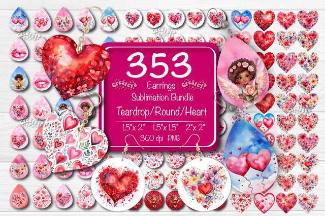 Sublimation earring bundle Teardrop Round and Heart shape Flower Sublimation design Valentine png Sublimation Createya Design 