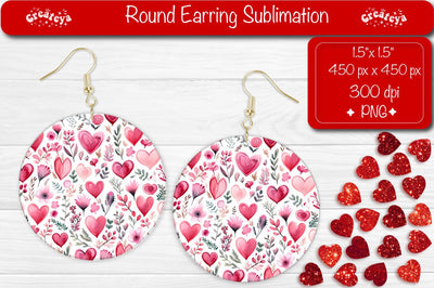 Sublimation Earrings – Flower Hearts Valentine’s Round Designs Sublimation Createya Design 