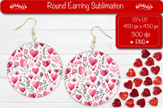 Sublimation Earrings – Flower Hearts Valentine’s Round Designs Sublimation Createya Design 