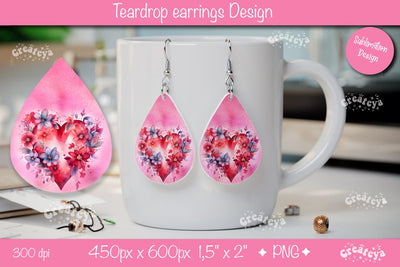 Sublimation Earrings for Valentine’s – Teardrop Floral Heart PNG Sublimation Createya Design 