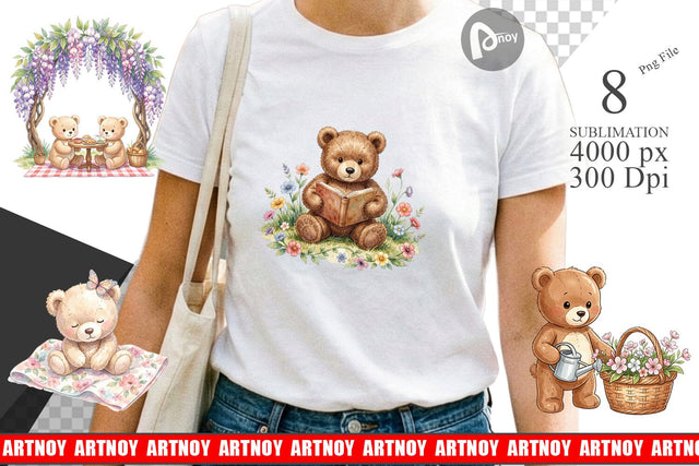 Sublimation Floral Garden Teddy Bear Watercolor Sublimation artnoy 