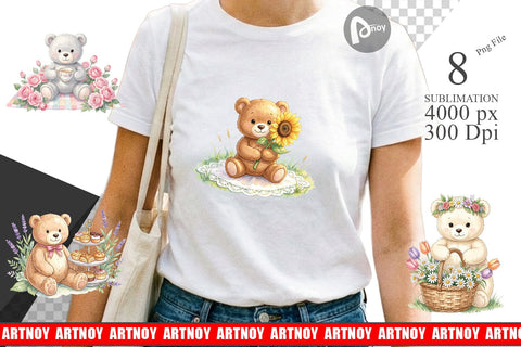 Sublimation Floral Garden Teddy Bear Watercolor Sublimation artnoy 