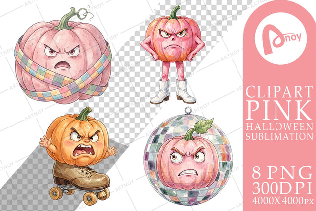 Sublimation Grumpy Pink Pumpkin Retro Watercolor Sublimation artnoy 