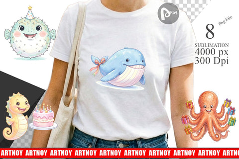 Sublimation Happy Round Ocean Birthday Watercolor Sublimation artnoy 