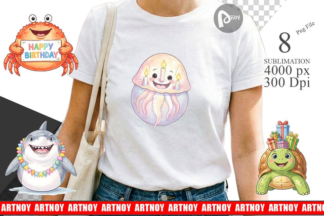 Sublimation Happy Round Ocean Birthday Watercolor Sublimation artnoy 