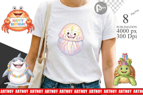 Sublimation Happy Round Ocean Birthday Watercolor Sublimation artnoy 