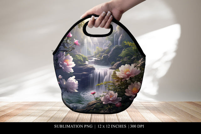 Sublimation Lunch Tote Bag Design PNG, Waterfall Garden Sublimation BijouBay 