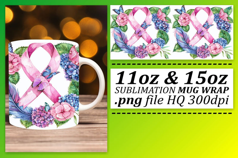 Sublimation Mug Wrap with Pink Ribbon – 11oz & 15oz Cups Sublimation afrosvg 